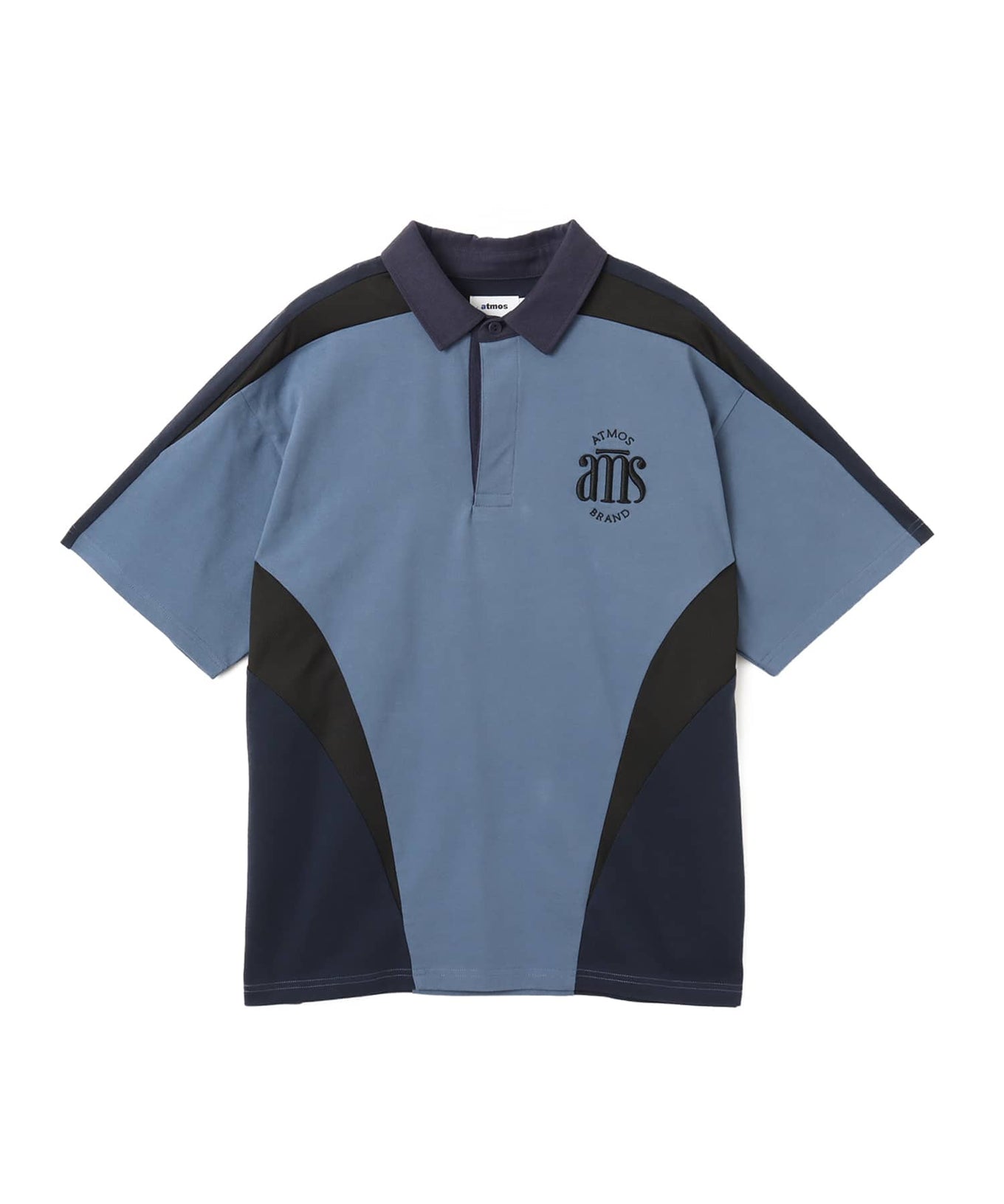 Color-block cotton rugby shirt with 3D embroidery on chest, styled in a relaxed fit