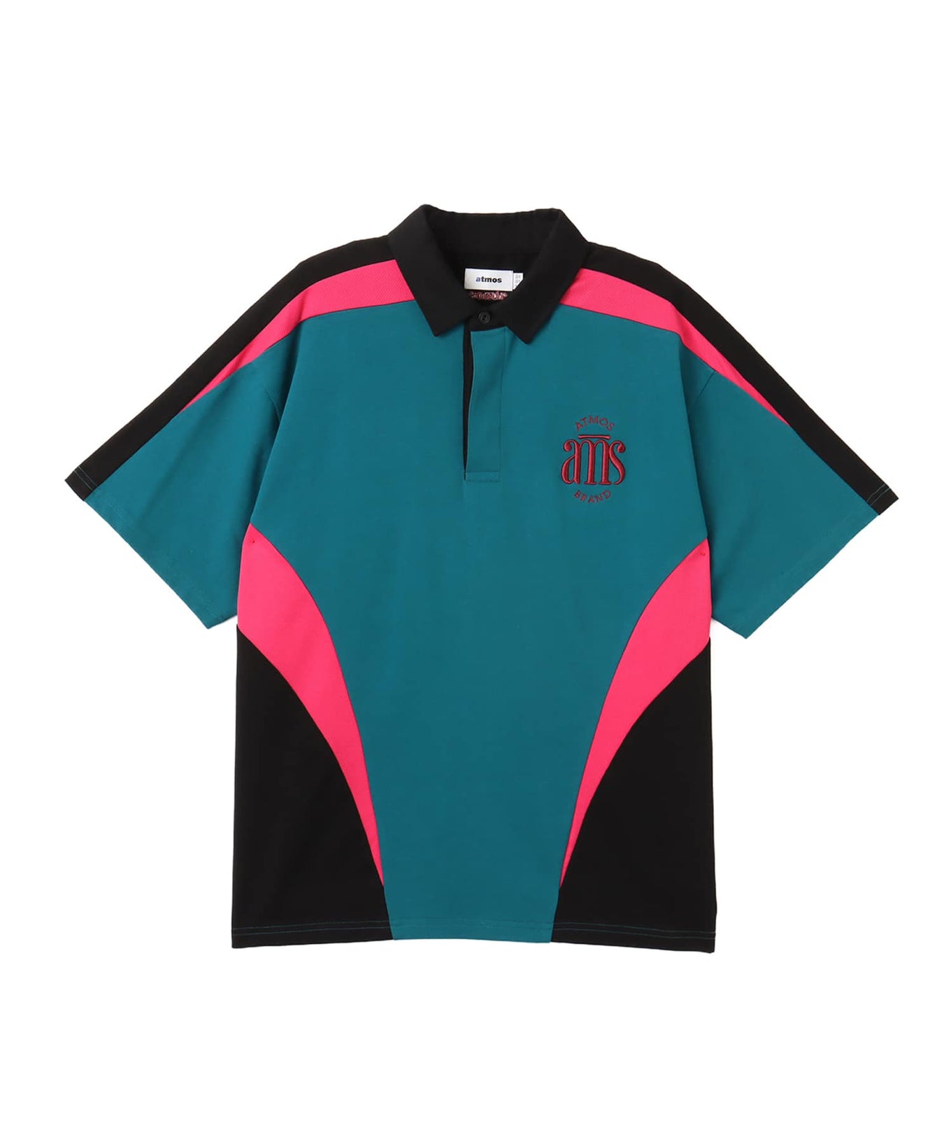 Color-block cotton rugby shirt with 3D embroidery on chest, styled in a relaxed fit