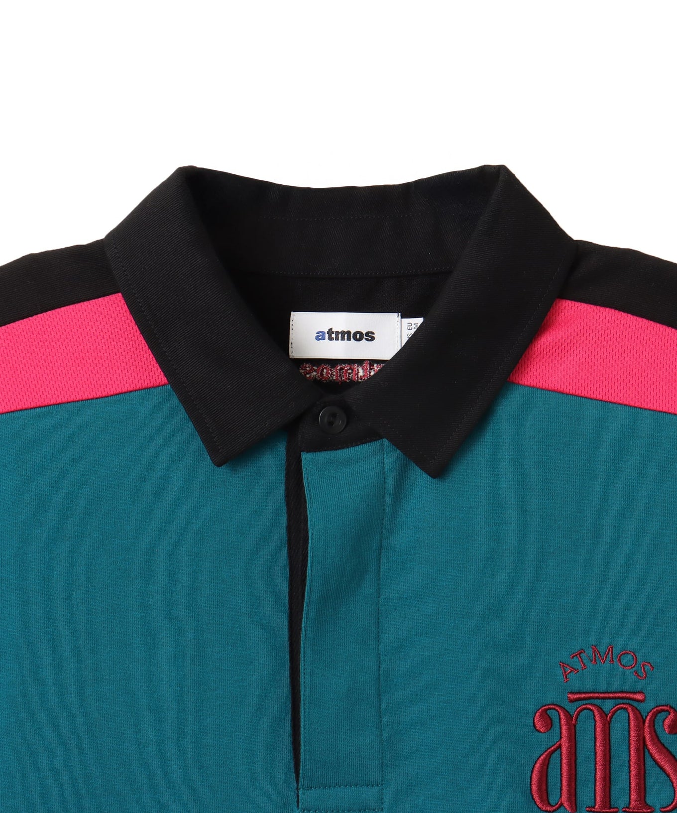 Color-block cotton rugby shirt with 3D embroidery on chest, styled in a relaxed fit