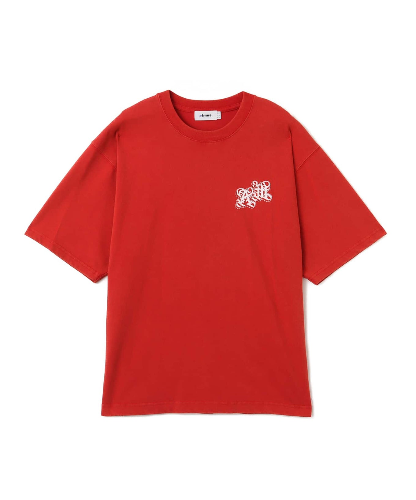 Black atmos T-shirt with Old English logo on front chest and back, styled with a vintage finish and worn by model.