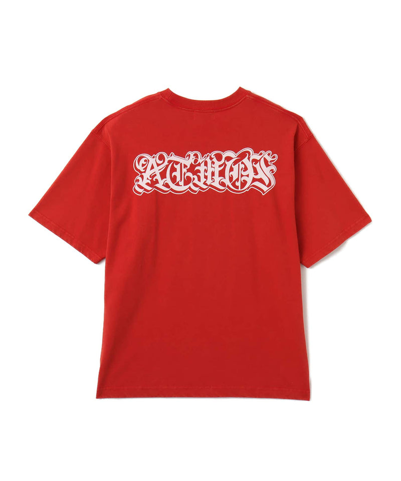 Black atmos T-shirt with Old English logo on front chest and back, styled with a vintage finish and worn by model.