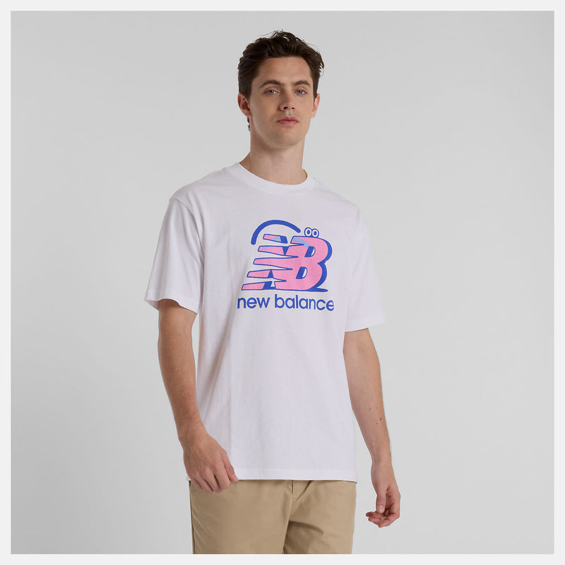Face Oka x New Balance T-shirt featuring colorful Flying NB graphics on front and back