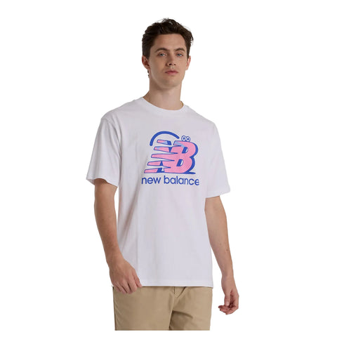 Face Oka x New Balance T-shirt featuring colorful Flying NB graphics on front and back