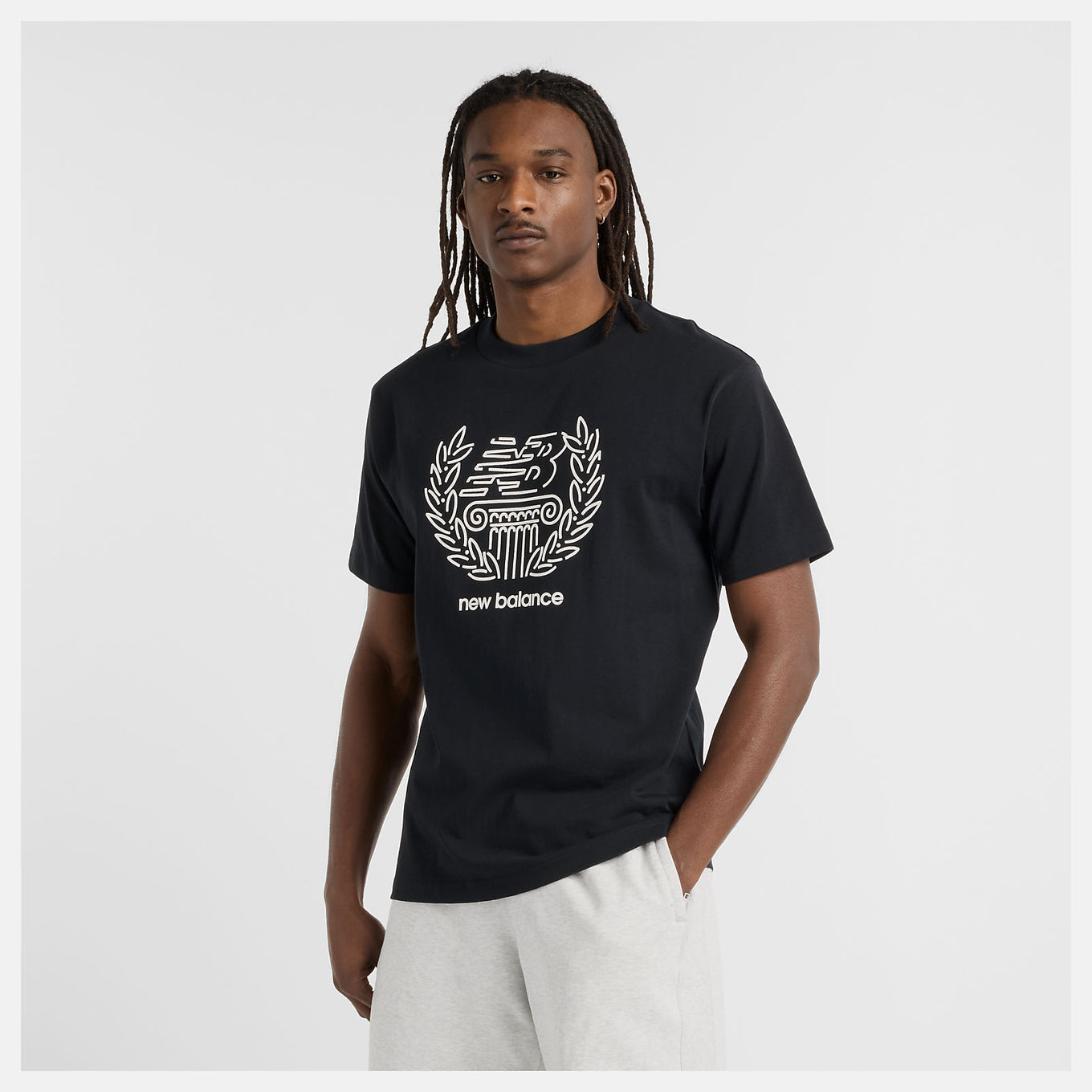Debut x New Balance artist t-shirt with Greek architecture and basketball-inspired line drawings by Jorge Espinoza