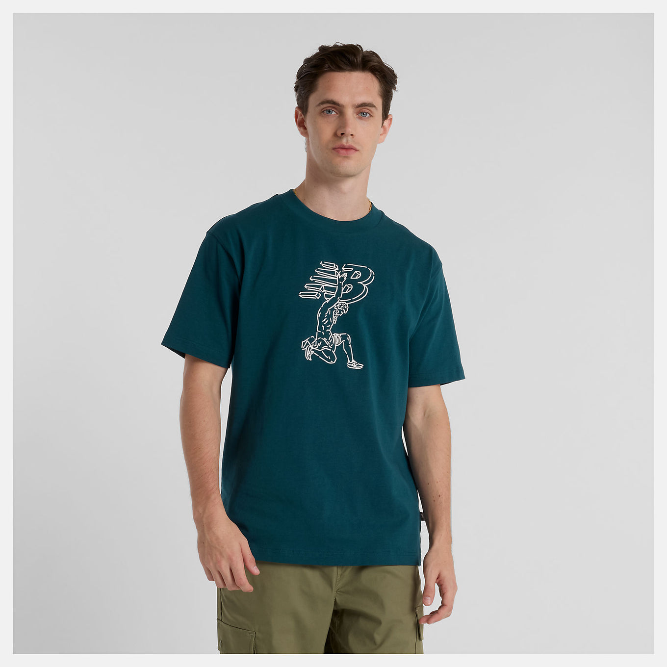 Debut x New Balance artist t-shirt with Greek architecture and basketball-inspired line drawings by Jorge Espinoza