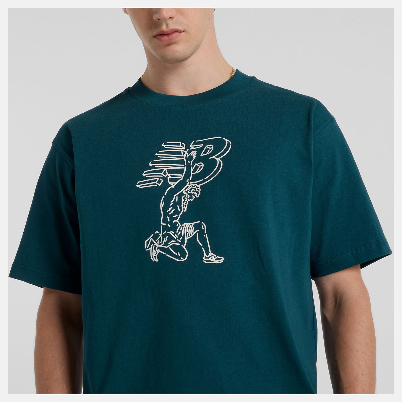 Debut x New Balance artist t-shirt with Greek architecture and basketball-inspired line drawings by Jorge Espinoza