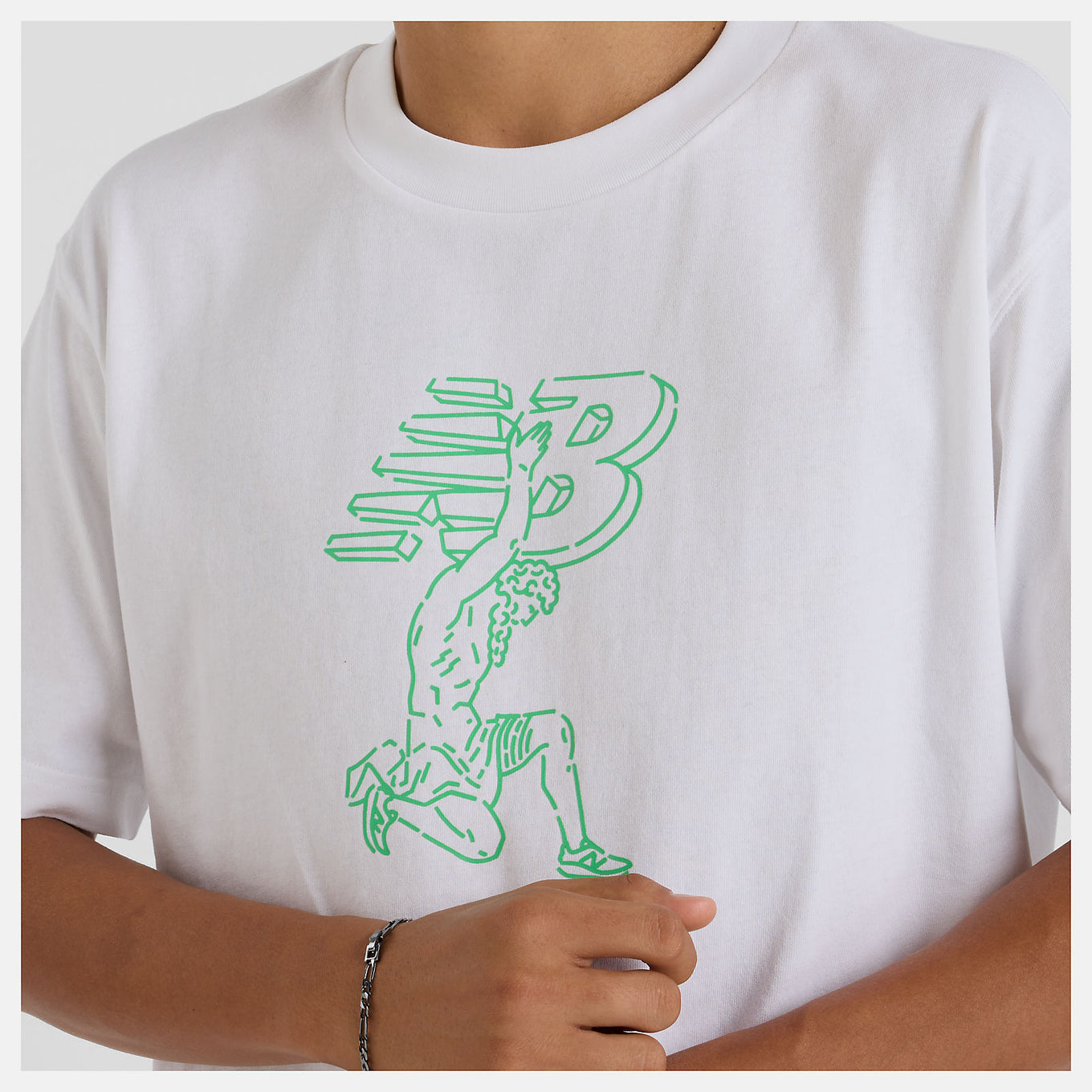 Debut x New Balance artist t-shirt with Greek architecture and basketball-inspired line drawings by Jorge Espinoza