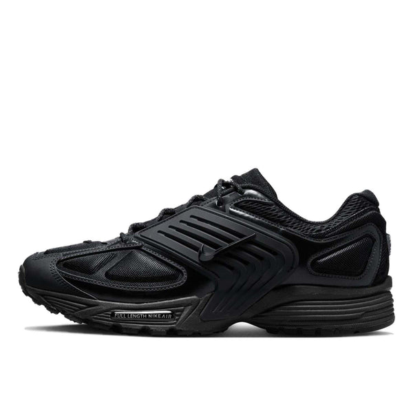 Wave sneakers with an avant-garde design inspired by the early 2000s rave scene, featuring a blend of materials, full-length Nike Air cushioning, and a sleek black colorway with reflective Metallic Silver highlights.