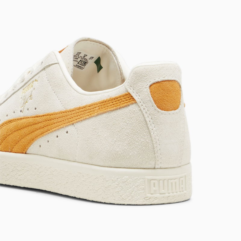 Clyde sneaker celebrating 50 years with suede upper, inspired by basketball icon Walt 'Clyde' Frazier.