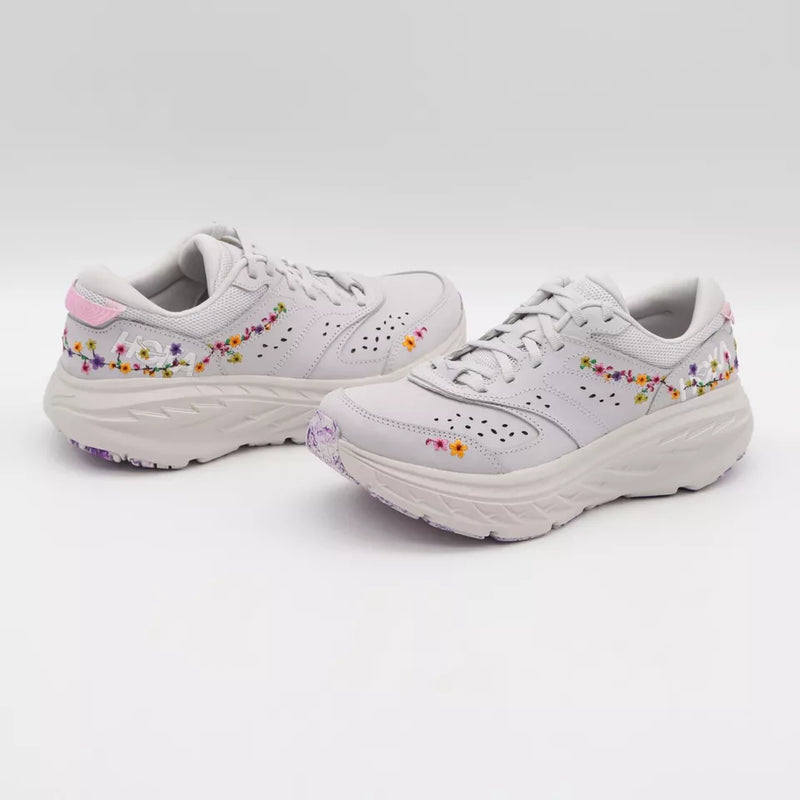 HOKA BONDI L BP lifestyle shoes showcasing vibrant floral patterns, premium nubuck upper, and marbled outsole, designed for both comfort and style.