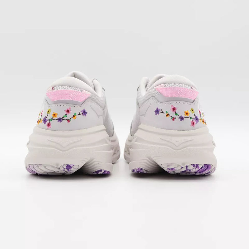 HOKA BONDI L BP lifestyle shoes showcasing vibrant floral patterns, premium nubuck upper, and marbled outsole, designed for both comfort and style.