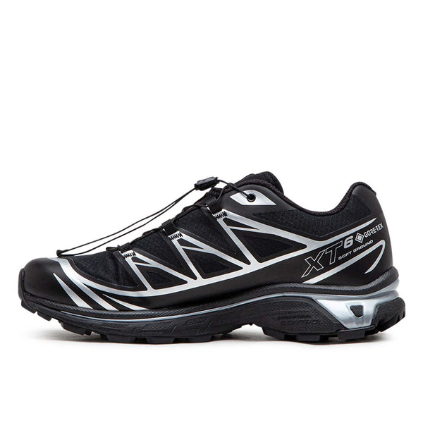 SALOMON XT-6 GTX Black/Black/Ftw Silver trail shoe with GORE-TEX membrane, SensiFit™ construction, OrthoLite® insole, and Mud Contagrip® outsole.