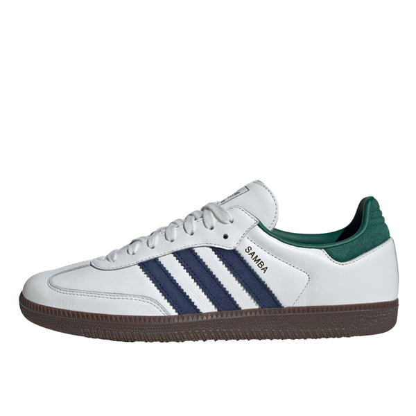 Adidas Samba OG shoes showcasing a leather upper, serrated 3-Stripes, reinforced toe, suede accents, and heel patches, reflecting a modern take on the classic indoor football training design.