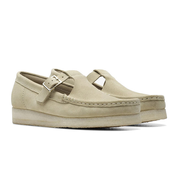 Wallabee T Bar shoes in maple suede with natural crepe soles and T-bar closure.