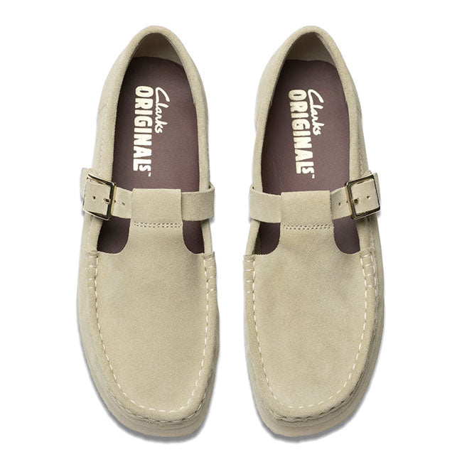 Wallabee T Bar shoes in maple suede with natural crepe soles and T-bar closure.