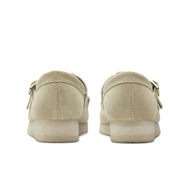 Wallabee T Bar shoes in maple suede with natural crepe soles and T-bar closure.