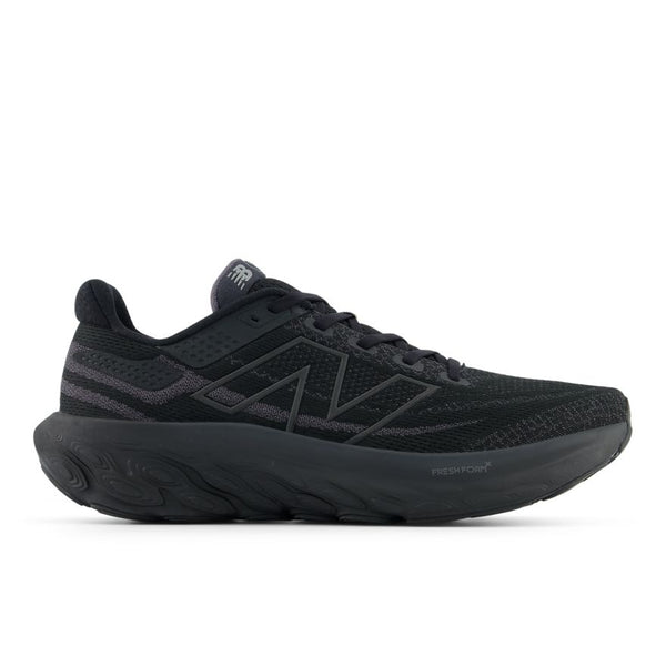 Unisex New Balance Fresh Foam X 1080v13 running shoes in black with Fresh Foam X cushioning and breathable mesh upper for comfort and performance.