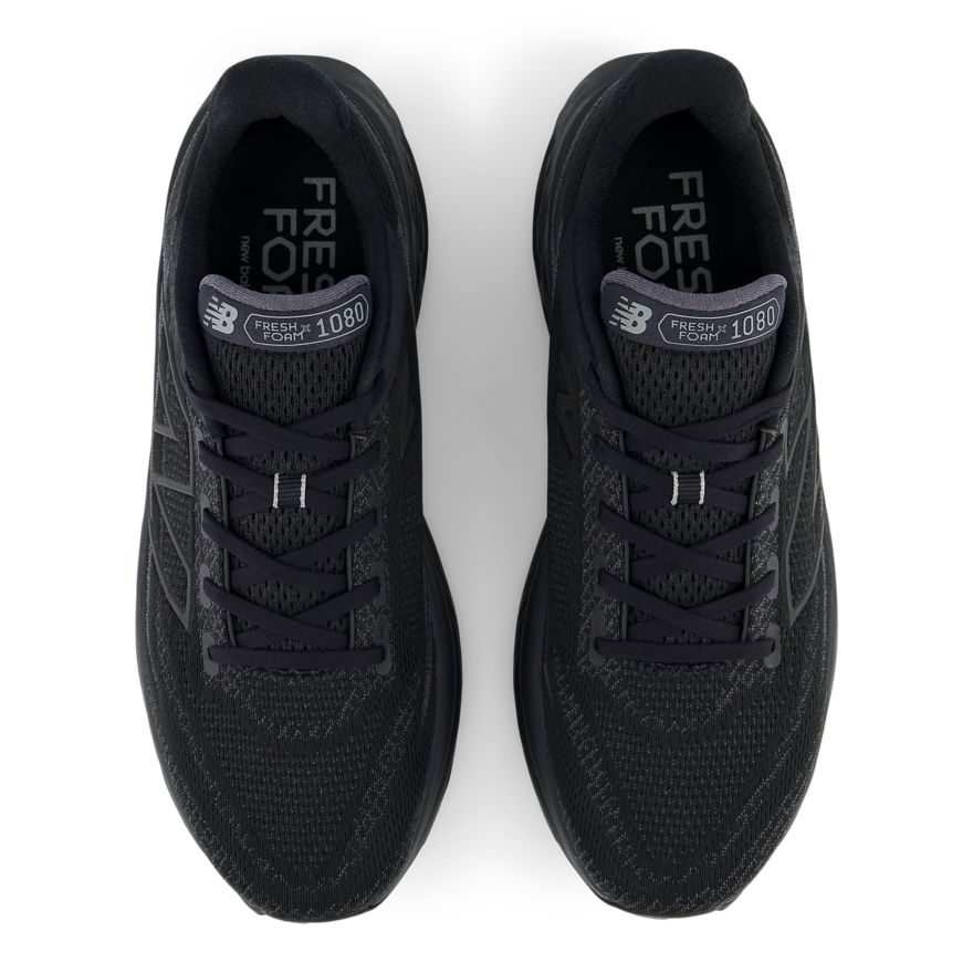 Unisex New Balance Fresh Foam X 1080v13 running shoes in black with Fresh Foam X cushioning and breathable mesh upper for comfort and performance.