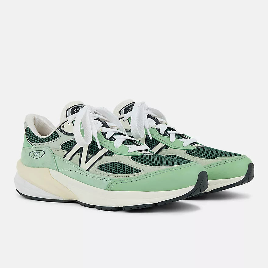 New Balance 990v6 Made in USA sneaker with avocado and mint colorway, FuelCell midsole, and streamlined suede and mesh upper design