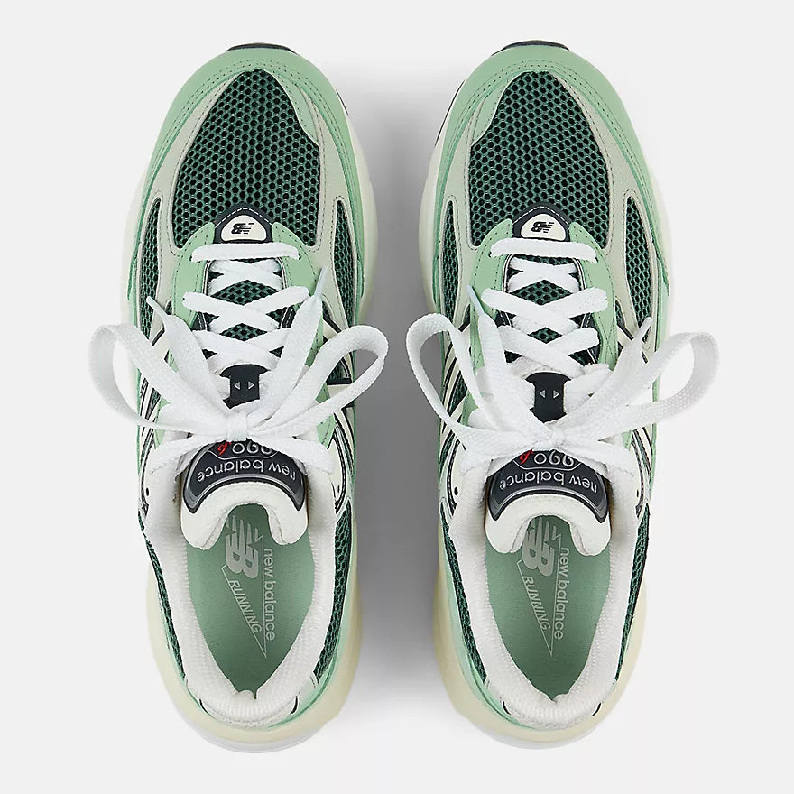 New Balance 990v6 Made in USA sneaker with avocado and mint colorway, FuelCell midsole, and streamlined suede and mesh upper design