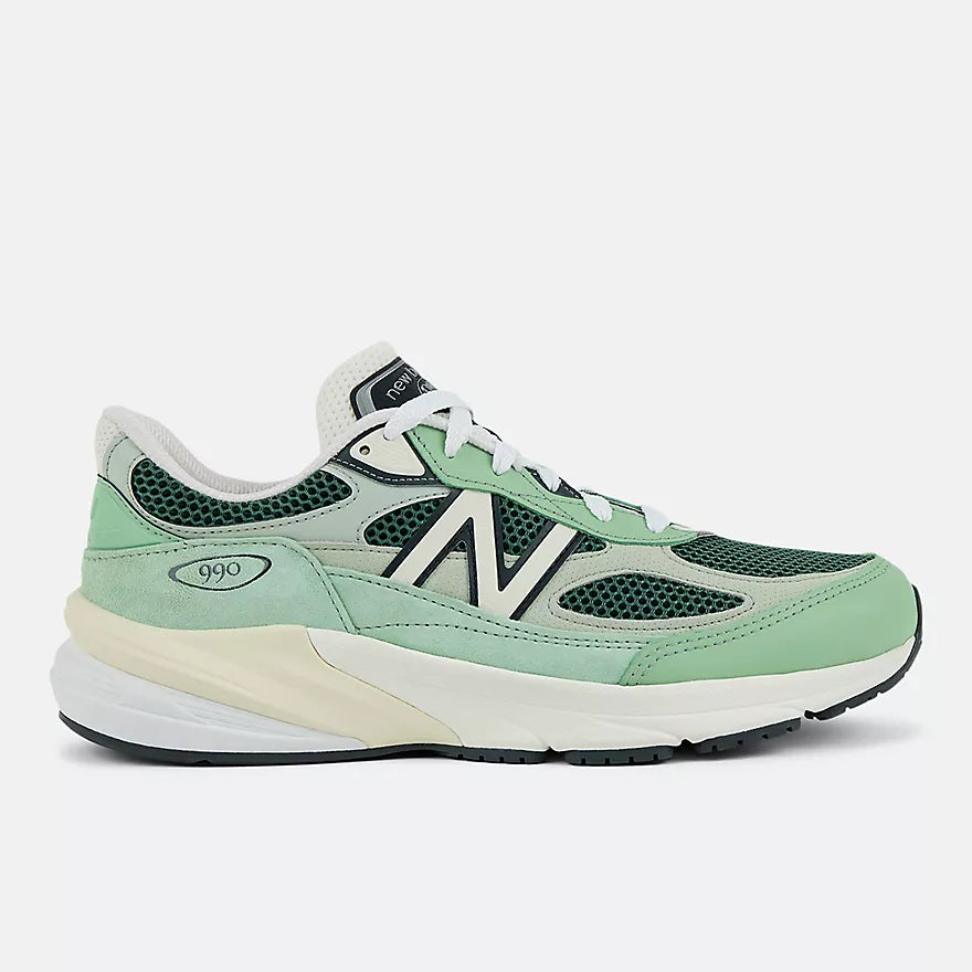 New Balance 990v6 Made in USA sneaker with avocado and mint colorway, FuelCell midsole, and streamlined suede and mesh upper design