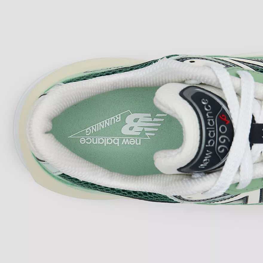 New Balance 990v6 Made in USA sneaker with avocado and mint colorway, FuelCell midsole, and streamlined suede and mesh upper design