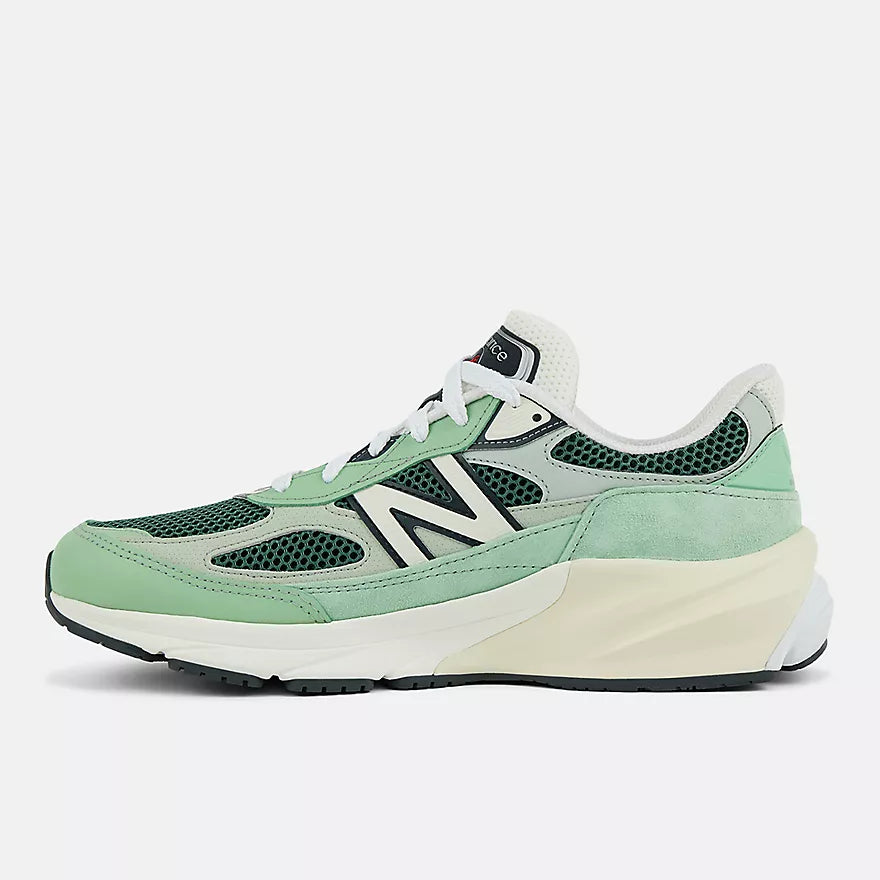 New Balance 990v6 Made in USA sneaker with avocado and mint colorway, FuelCell midsole, and streamlined suede and mesh upper design
