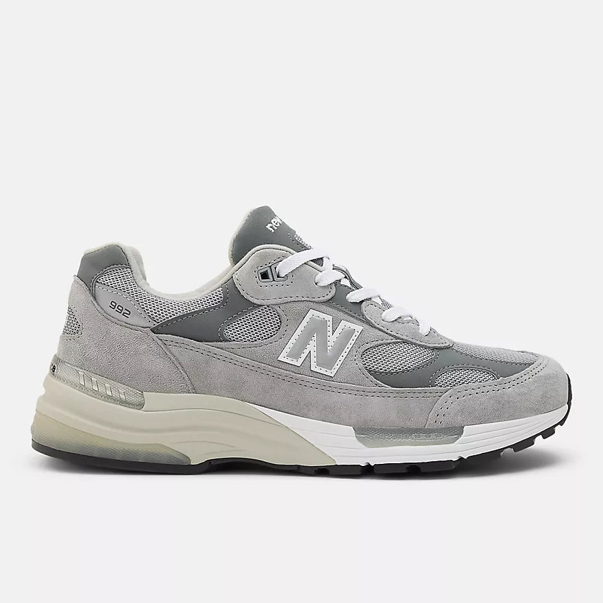 New Balance 992 MADE in USA in grey suede and mesh with ABZORB cushioning, part of the Core collection in timeless colorways.