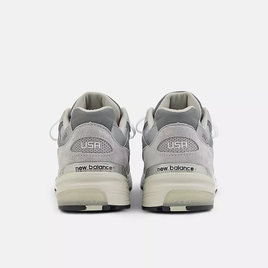 New Balance 992 MADE in USA in grey suede and mesh with ABZORB cushioning, part of the Core collection in timeless colorways.