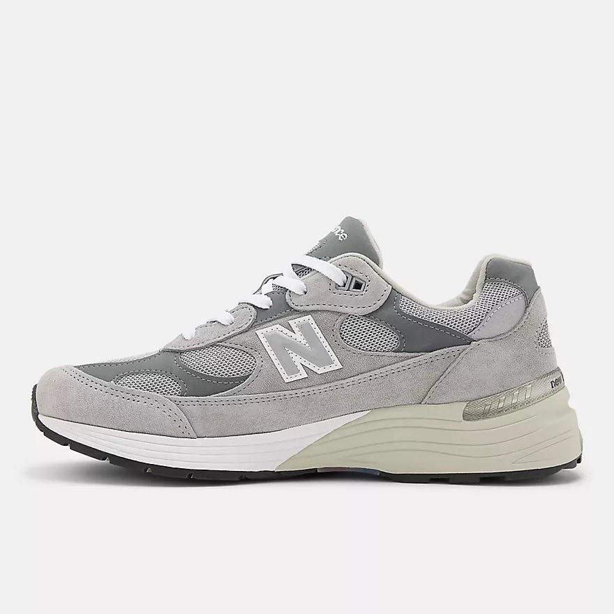 New Balance 992 MADE in USA in grey suede and mesh with ABZORB cushioning, part of the Core collection in timeless colorways.