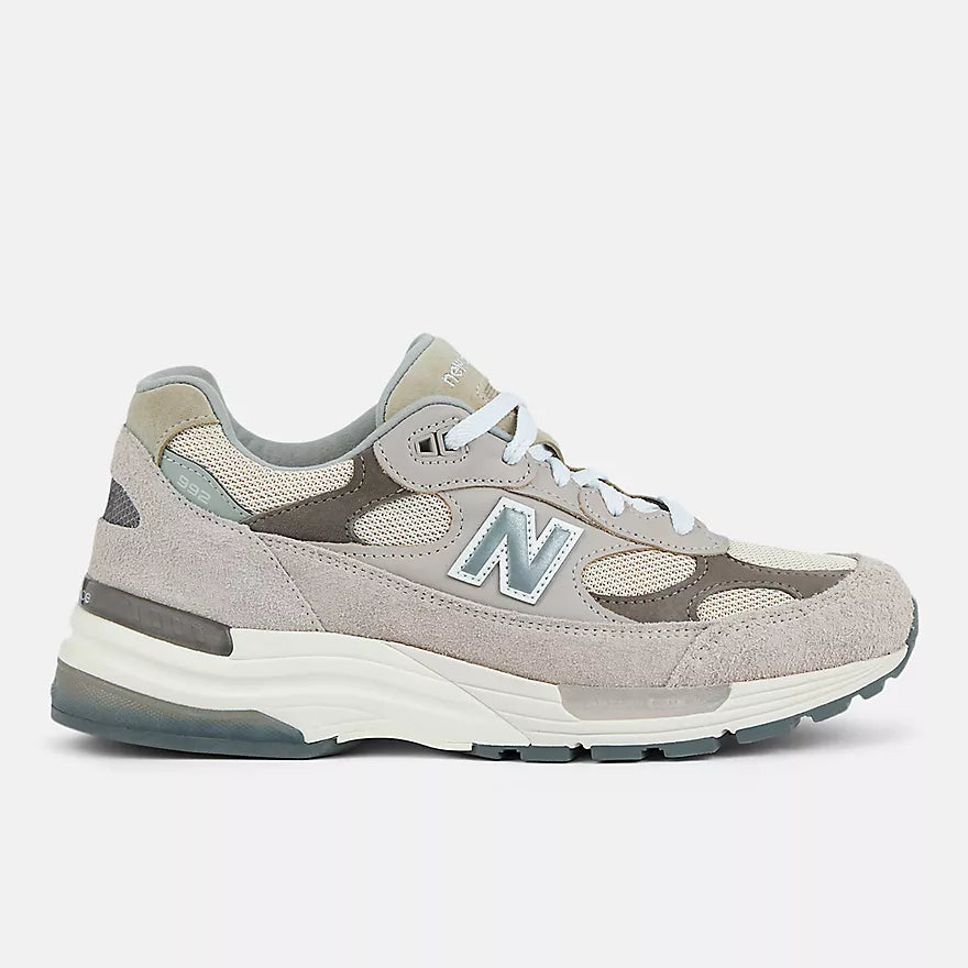 New Balance 992 MADE in USA sneaker in Moonrock and Mushroom colorway with premium hairy suede, mesh, and leather upper.