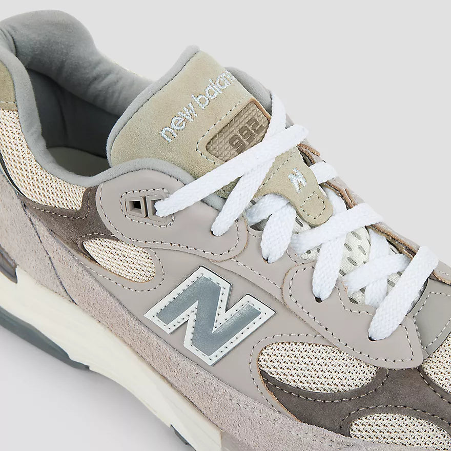 New Balance 992 MADE in USA sneaker in Moonrock and Mushroom colorway with premium hairy suede, mesh, and leather upper.