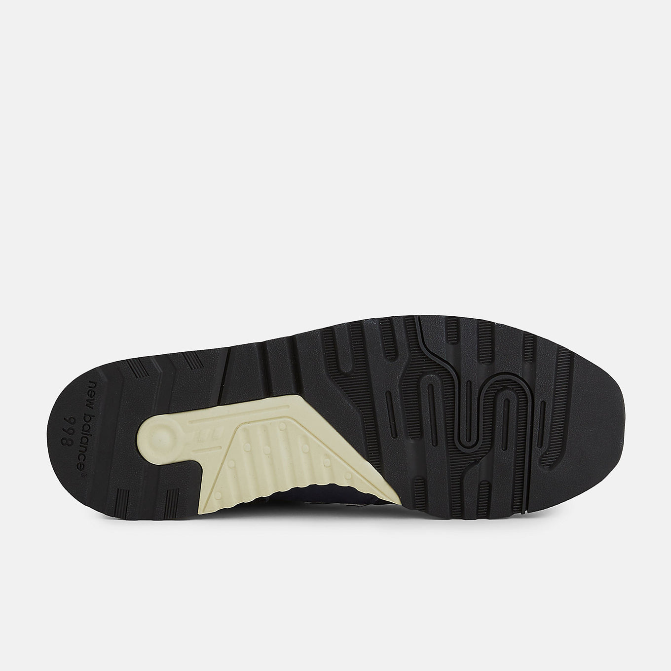 New Balance 998 Made in USA sneakers in navy with chrome blue accents, featuring ABZORB cushioning and premium suede, mesh, and hairy suede construction.