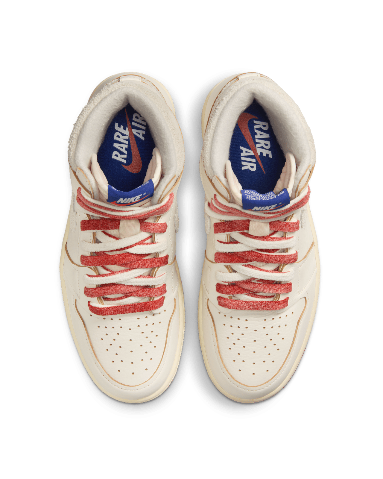 Air Jordan 1 "Rare Air" sneakers with suede Swooshes and Deep Royal Blue “NIKE AIR” label, honoring original AJ1 sample imperfections.