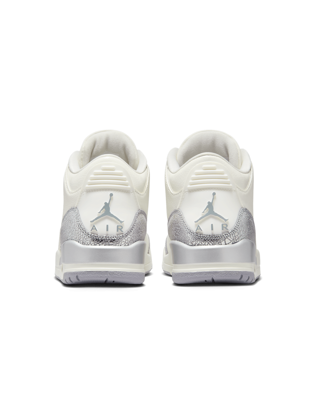 Air Jordan 3 sneakers in Sail with glossy elephant-print overlays and Metallic Silver midsole.