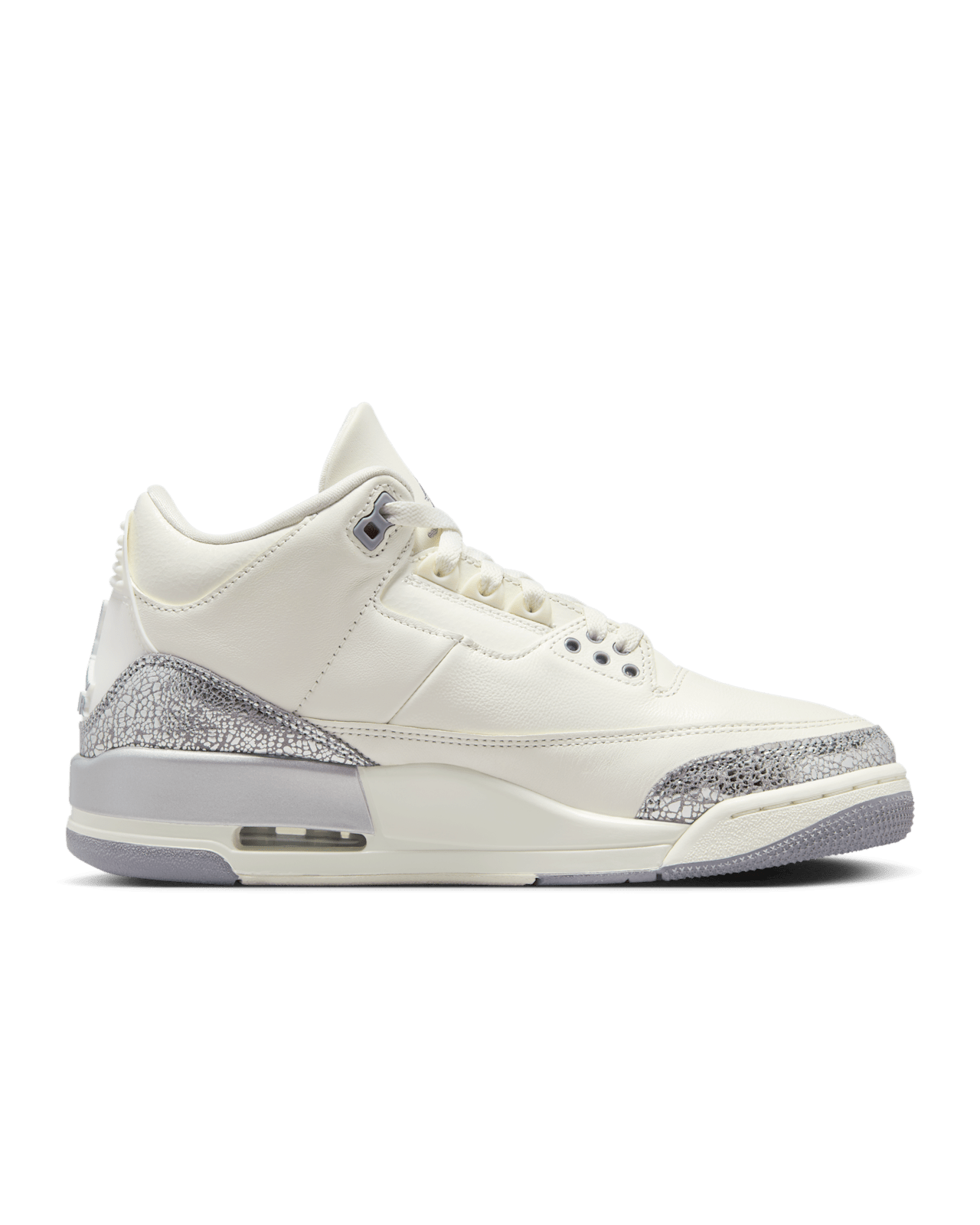 Air Jordan 3 sneakers in Sail with glossy elephant-print overlays and Metallic Silver midsole.