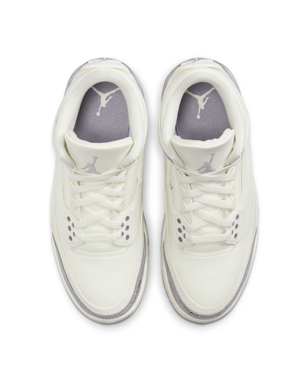 Air Jordan 3 sneakers in Sail with glossy elephant-print overlays and Metallic Silver midsole.