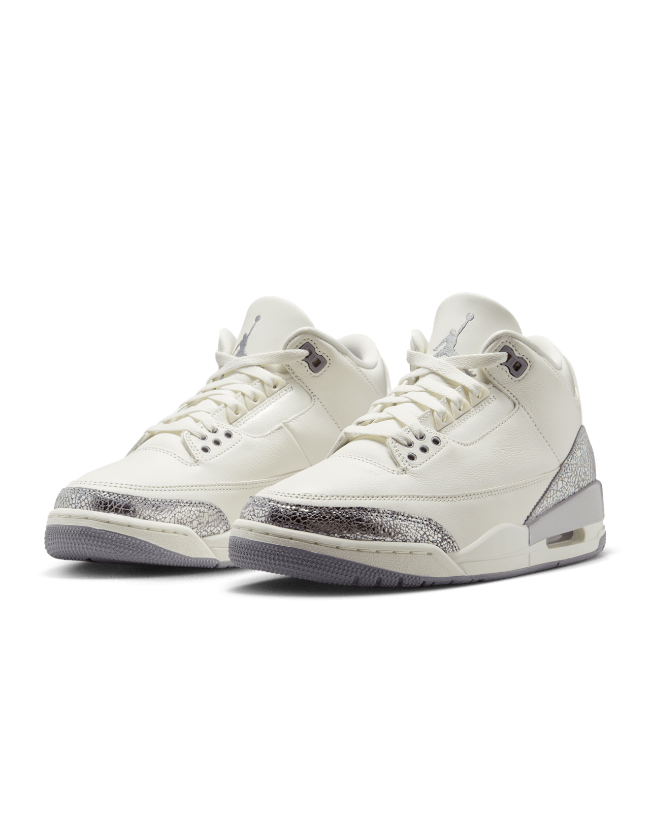 Air Jordan 3 sneakers in Sail with glossy elephant-print overlays and Metallic Silver midsole.