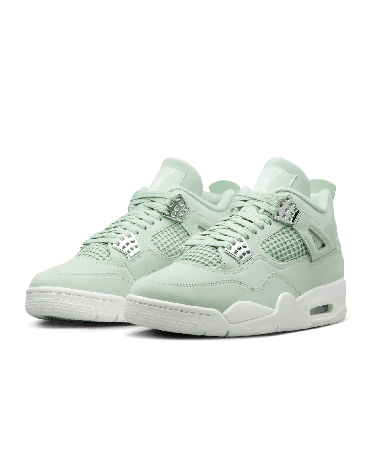 AJ4 'Abundance' sneakers in Seafoam and Sail colorway with Metallic Silver accents.