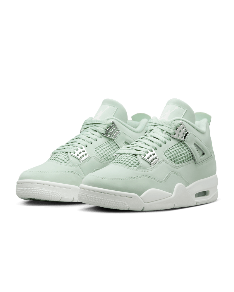 AJ4 'Abundance' sneakers in Seafoam and Sail colorway with Metallic Silver accents.