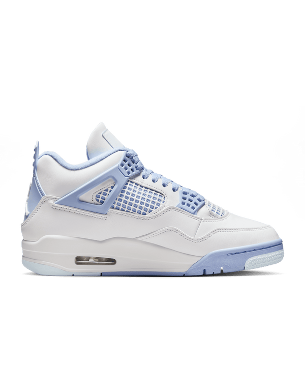 Air Jordan 4 in premium white leather with Aluminium accents and chenille flower detailing