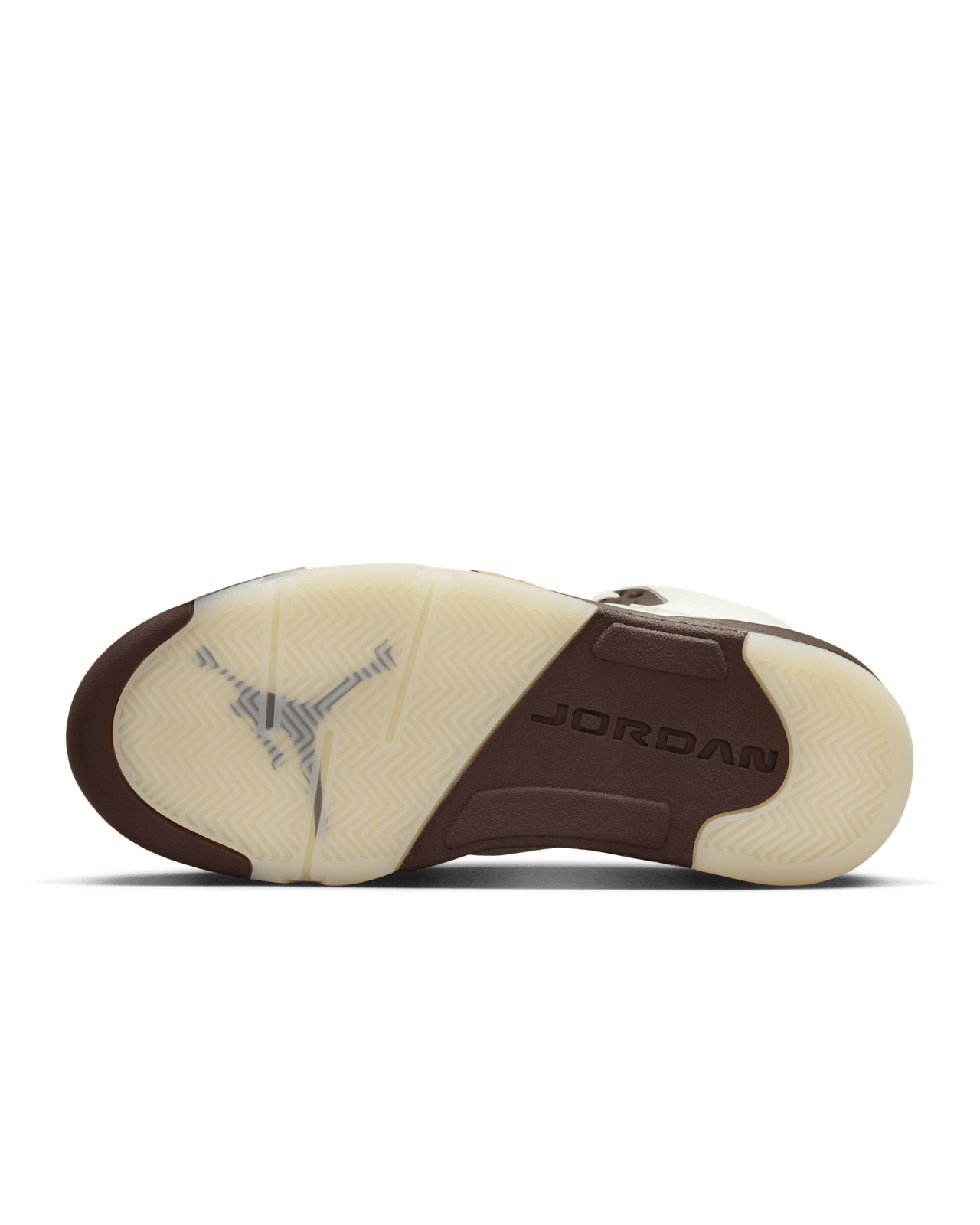 Air Jordan 5 ‘Golden Ticket’ sneaker with Sail leather, Earth-toned midsole, Metallic Gold tongue, and signature lace locks.