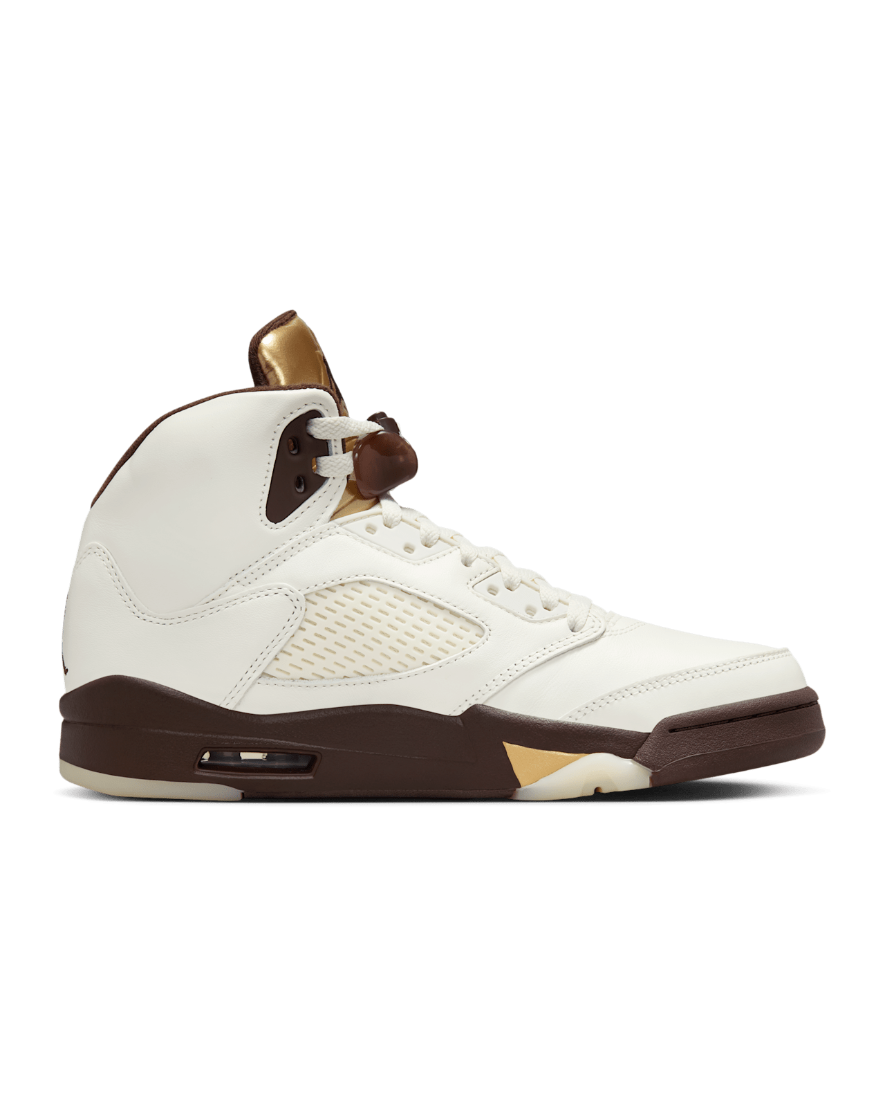 Air Jordan 5 ‘Golden Ticket’ sneaker with Sail leather, Earth-toned midsole, Metallic Gold tongue, and signature lace locks.