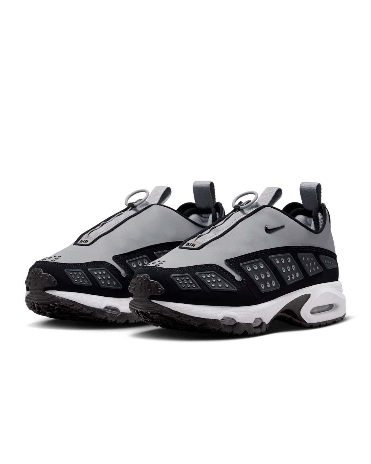 Air Max SNDR sneaker with zip-up shroud, featuring black, silver, and anthracite colorway and Max Air cushioning.