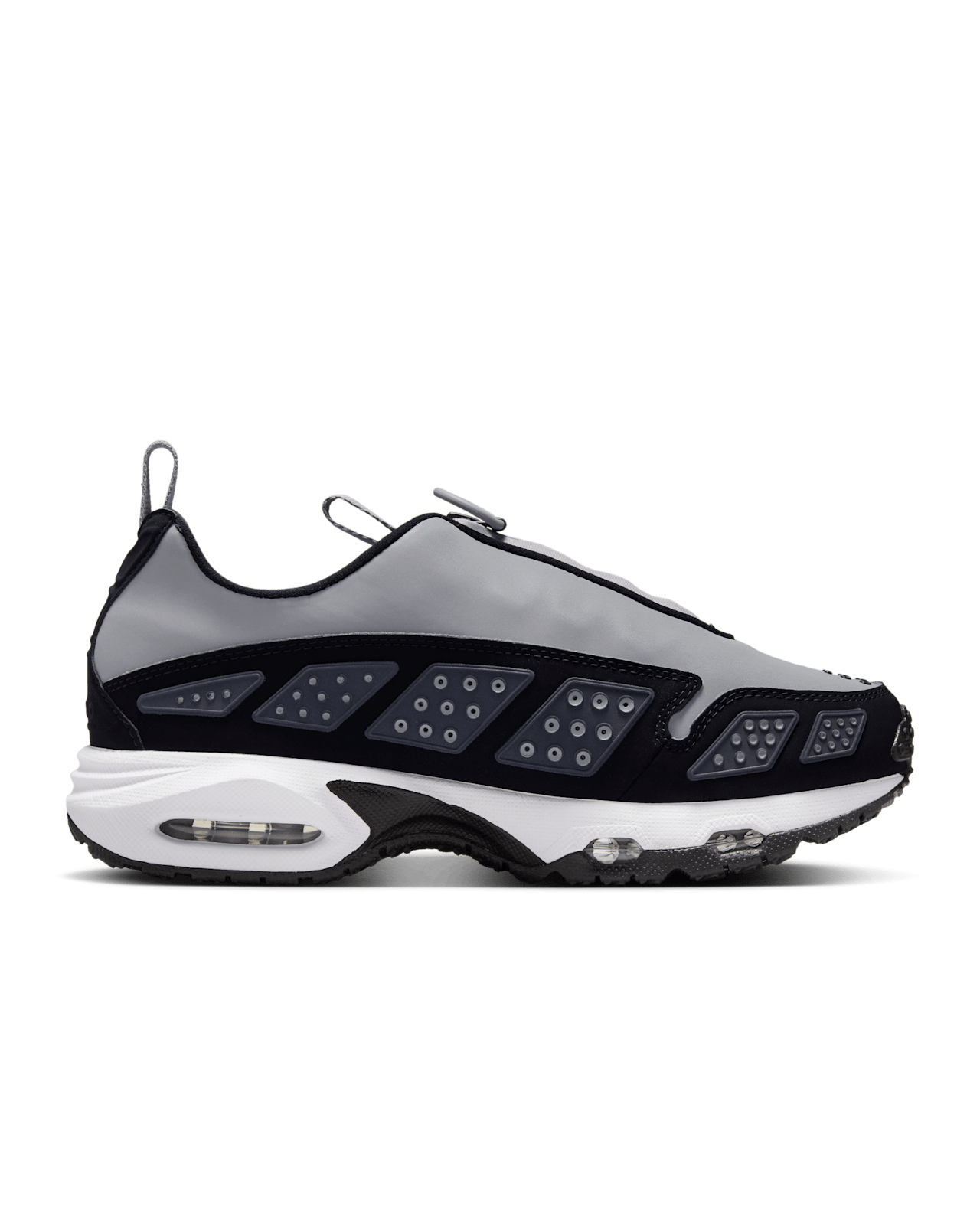 Air Max SNDR sneaker with zip-up shroud, featuring black, silver, and anthracite colorway and Max Air cushioning.