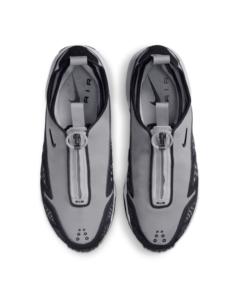 Air Max SNDR sneaker with zip-up shroud, featuring black, silver, and anthracite colorway and Max Air cushioning.