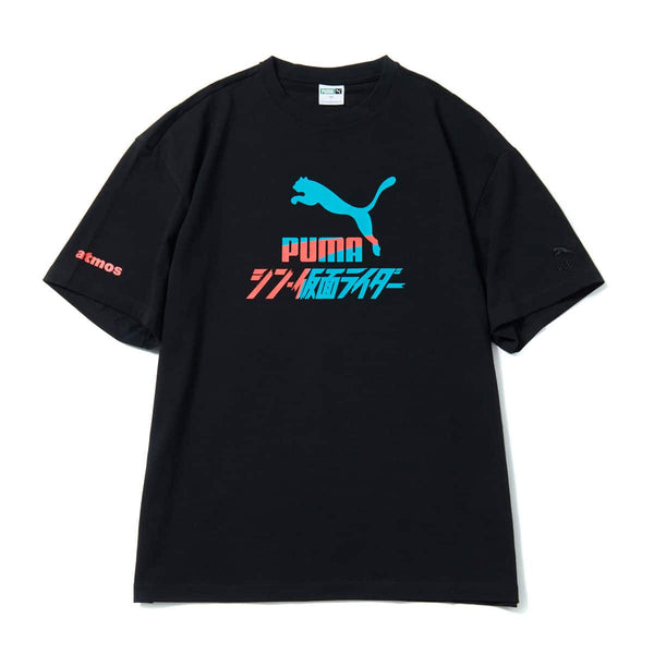 PUMA x Kamen Rider collaboration: Apparel featuring 'Shin Kamen Rider' movie logos and PUMA branding in black and white colors