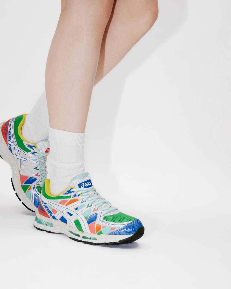 KENZO x ASICS Gel-Kayano 20 sneakers, 3D printed animal pattern, yellow lining, 2-layer midsole with EVA, TPU, gel, and rubber, brown and white outsole, ASICS label on top of the right tongue, KENZO Paris label on top of the left tongue, blue “KENZO” at the front, grey “GEL” on the heel, white “GEL KAYANO 20” embossed at the back, lace-up fastening.