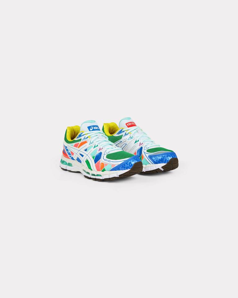 KENZO x ASICS Gel-Kayano 20 sneakers, 3D printed animal pattern, yellow lining, 2-layer midsole with EVA, TPU, gel, and rubber, brown and white outsole, ASICS label on top of the right tongue, KENZO Paris label on top of the left tongue, blue “KENZO” at the front, grey “GEL” on the heel, white “GEL KAYANO 20” embossed at the back, lace-up fastening.