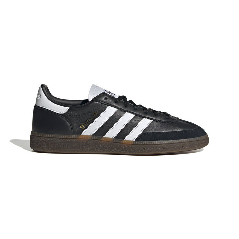 adidas Handball Spezial shoes featuring a sleek design with a T-shaped toebox, serrated 3-Stripes, soft leather upper, and gold foil details.